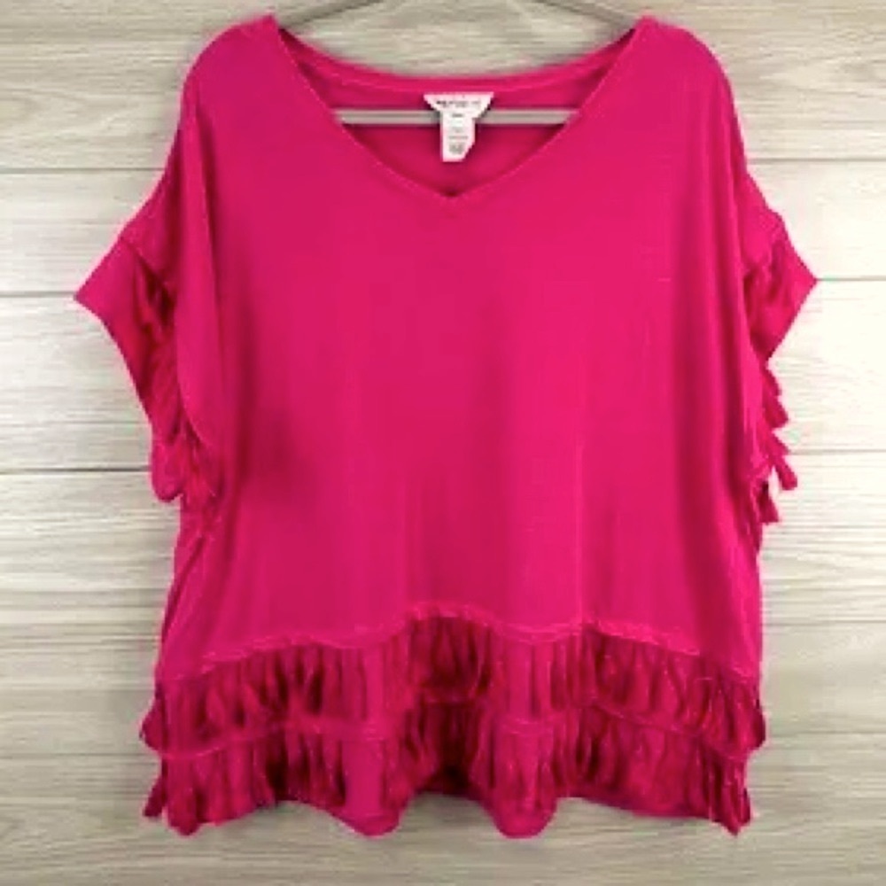FOR THE REPUBLIC Bright Pink Boho Tassel Trim Festival knit Jersey Tee Size 3X